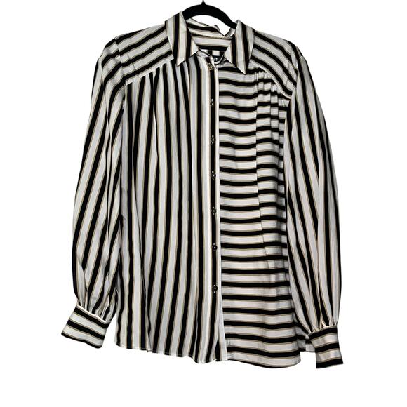 Anthropologie Maeve Silky Striped Long Sleeve Button Down Shirt Black White Sz M - Picture 2 of 8